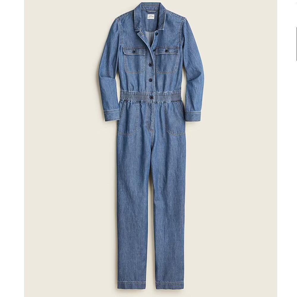 J.Crew Cinched Waist Denim Jumpsuit Size 4 NWT Cotton Lyocell Camp Pockets